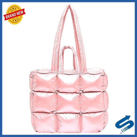 Handbags - Large Quilted Puffer Tote Bag, Water-Resistant Nylon, 13.6x11.8x4.3
